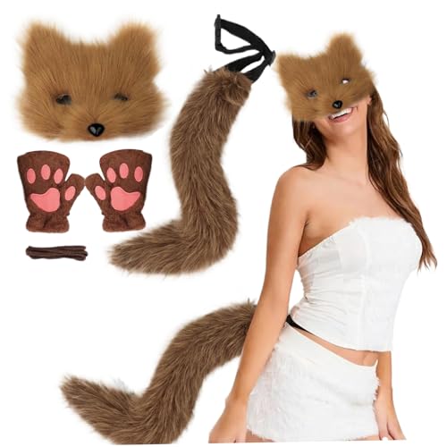 Ssguopte Fuchs Kostüm für Halloween, Plüsch Therian Maske mit Schwanz und Pfoten Handschuhen, Katzen Wolf Pelzkostüm Braun Ssguopte Fuchs Kostüm für Halloween, Plüsch Therian Maske mit Schwanz und Pfoten Handschuhen, Katzen Wolf Pelzkostüm Braun von Ssguopte