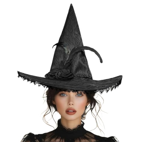 Ssguopte Lace Hexenhut für Frauen falten schwarze Zaubererhut mit Blumendekoration für Halloween Cosplay von Ssguopte
