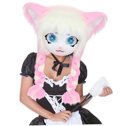 Ssguopte Pelzige Maske niedliche Plüschkatze pelziger Kopf mit Zöpfen Fursuit Tierkopf für tierische Partys Maskerade Cosplay Kostüm Accessoire, Style11 von Ssguopte