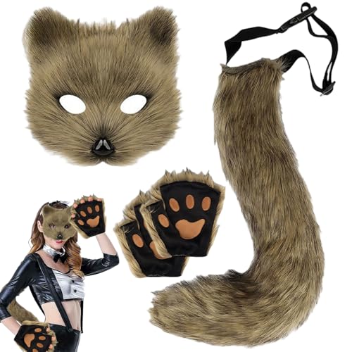 Ssguopte Pelzkostüm, 3pcs/Set Therian Maske, pelziger Schwanz mit elastischen Riemen und Pfotenhandschuhen für Fox Cat Wolf Cosplay, Mädchen Frauen Ssguopte Pelzkostüm, 3pcs/Set Therian Maske, pelziger Schwanz mit elastischen Riemen und Pfotenhandschuhen für Fox Cat Wolf Cosplay, Mädchen Frauen von Ssguopte