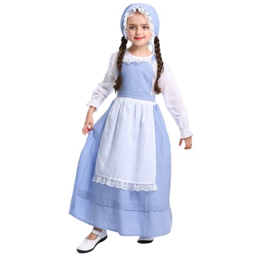 Ssguopte Pionierkleider für Mädchen, Langarm -Kolonialkostüm -Mädchen mit Hutschürze, elastische Rüschenmanschetten Pionierkleid für Rollenspiel, Themenparty, Performance, s von Ssguopte