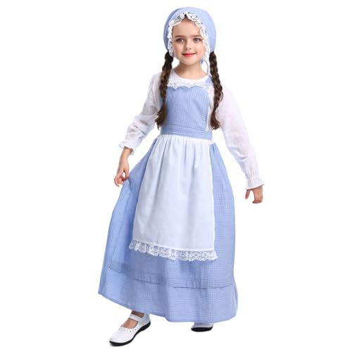 Ssguopte Pionierkleider für Mädchen, Langarm -Kolonialkostüm -Mädchen mit Hutschürze, elastische Rüschenmanschetten Pionierkleid für Rollenspiele, Themenparty, Performance, L. von Ssguopte