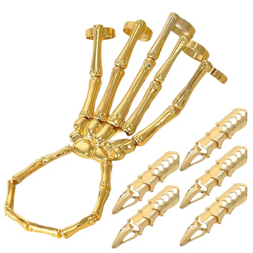 Ssguopte Skelett-Armband mit 5 Fingerringen, Punk- und Gothic-Schmuck mit beweglichem Gelenk, Zinklegierung, Halloween-Schmuck für Cosplay, Partys und Kostüme von Ssguopte