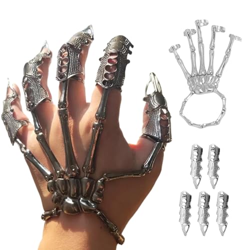 Ssguopte Skeletthand-Armband mit 5 beweglichen Vollfingerringen (Silber) von Ssguopte