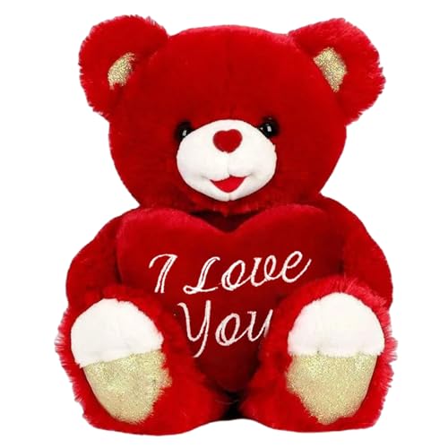 Ssguopte Teddybär mit Herz, 20 cm großer PP-Baumwollbär mit besticktem Herzkissen, weicher Plüsch-Herzbär für Valentinstag, Hochzeit, Jahrestag, Geburtstag, Rot von Ssguopte