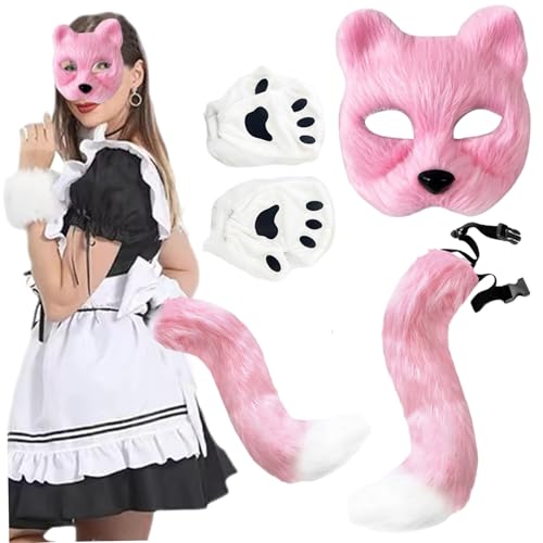Ssguopte Therian Maske und Schwanz, Plüschpelzmaske Cosplay Kostüm Set mit Fox Tail Paw Handschuhen Halloween Weihnachtsfeier für Mädchen Frauen Ssguopte Therian Maske und Schwanz, Plüschpelzmaske Cosplay Kostüm Set mit Fox Tail Paw Handschuhen Halloween Weihnachtsfeier für Mädchen Frauen von Ssguopte