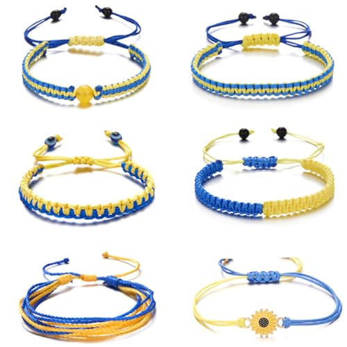 Ssguopte Ukraine -Armbänder für Frauen und Männer, 6 -pcs verstellbare geflochtene Armbänder, gelbe Blaue Farbkette für Geschenke von Ssguopte