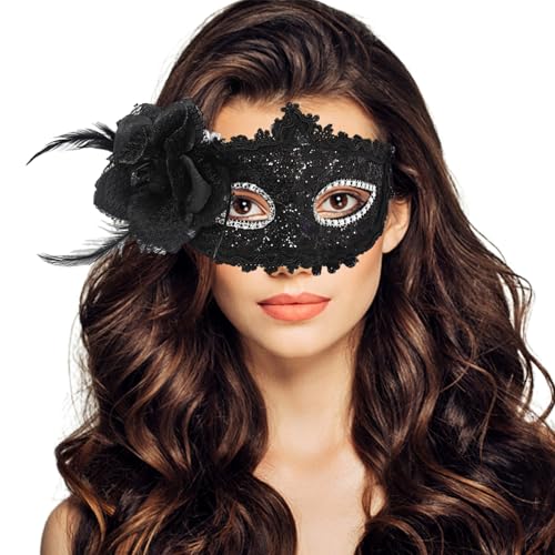 Ssguopte Venezianische Maske Frauen mit Blumenschmuck 8x4 Zoll Halbgesicht PP Maskerade Maske mit Kopfgurt für Abschlussball, Halloween, Schwarz von Ssguopte