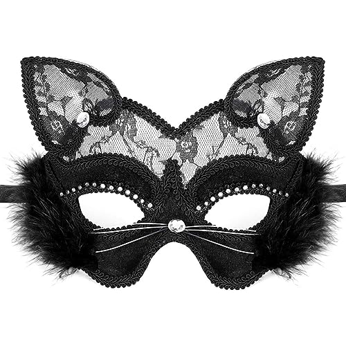 Ssguopte Venezianische Maskerade Maske Luxus Schwarze Katzenspitzenmaske für Kostüm Weihnachten Halloween Kostümparty Mädchen Frauen von Ssguopte