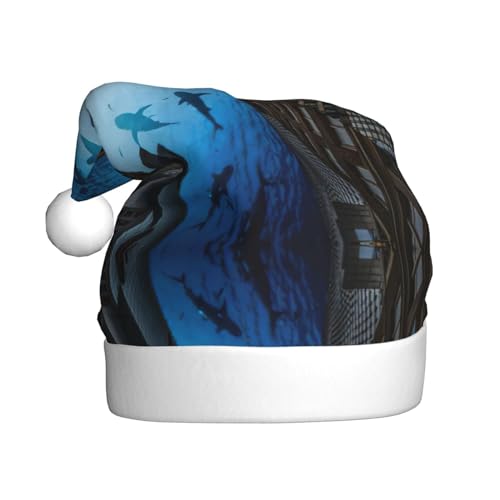 Weihnachtsmütze für Erwachsene, flauschige Weihnachtsmütze mit, warme große Weihnachtsmütze für Männer und Frauen, Stadtgebäude, blauer Himmel, Ozeanhai von StOlmx