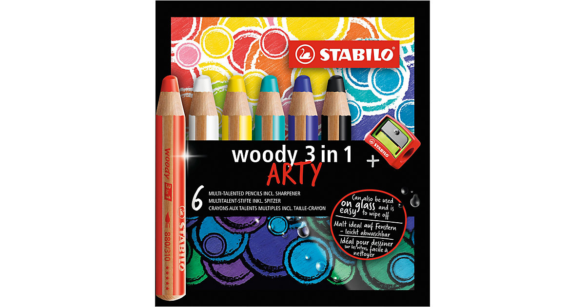 Buntstift woody 3 in 1 ARTY, 6 Farben, inkl. Anspitzer bunt von Stabilo
