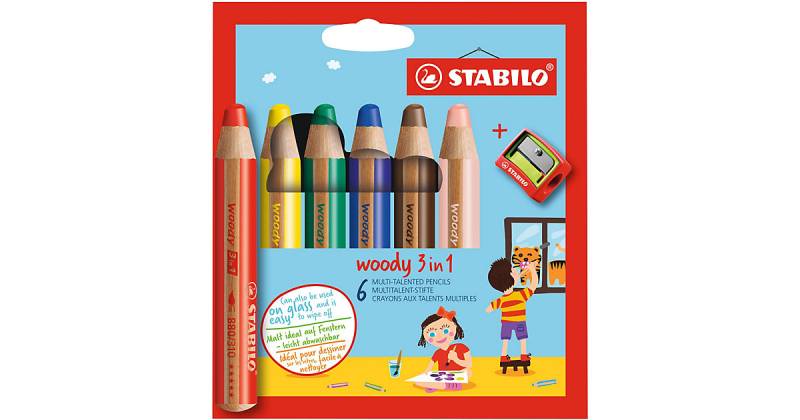Buntstifte woody 3 in 1, 6 Farben, inkl. Spitzer mehrfarbig Modell 2 von Stabilo