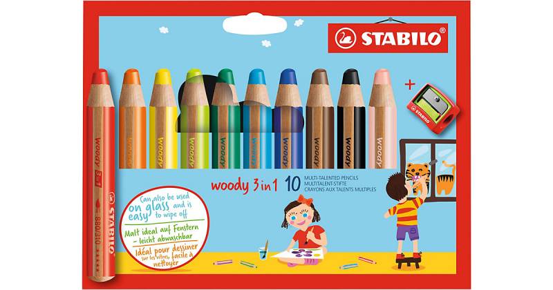 Buntstifte woody 3 in 1, 10 Farben, inkl. Spitzer mehrfarbig Modell 3 von Stabilo