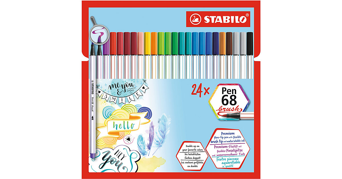 Premium-Filzstifte Pen 68 brush, , 24 Stifte - 19 Farben von Stabilo