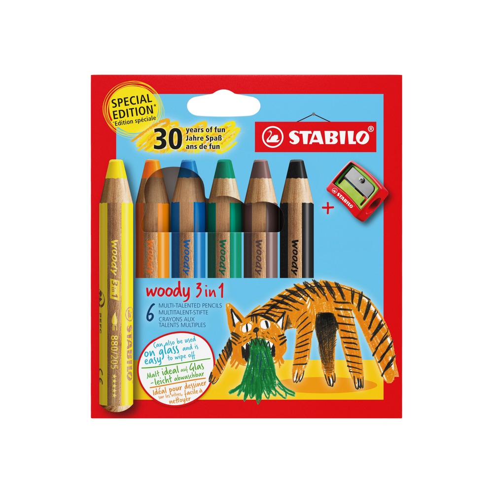 STABILO Aquarellfarbstift WOODY 3 in 1 Tiger im 6er Etui inklusive Spitzer - 30 Jahre Geburtstagsedition von Stabilo