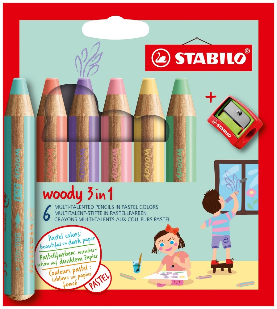 STABILO Aquarellfarbstift WOODY Pastell im 6er Etui inklusive Spitzer von Stabilo