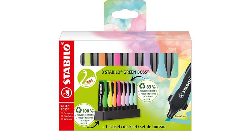 Textmarker GREEN BOSS, 8 Farben (Pastell & Neon) im Tischset von Stabilo