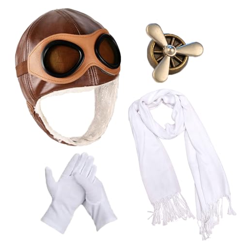 Fliegerhut mit Brille, Ohrenklappen, Kampfpilotenkostüm, Zubehör, Brille, Schal, Handschuhe, Brosche, Halloween, Amalia, Cosplay, Braun, 51 cm Fliegerhut mit Brille, Ohrenklappen, Kampfpilotenkostüm, Zubehör, Brille, Schal, Handschuhe, Brosche, Halloween, Amalia, Cosplay, Braun, 51 cm von Stadget