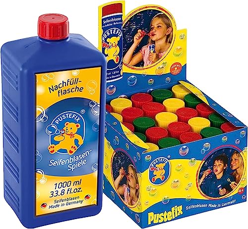 PUSTEFIX Original Seifenblasen Kombi-Set (25 Seifenblasen Dosen + Nachfüllflasche) für Kinder - Bunt, Langlebig, Vielseitig - Ideal für Geburtstage, Sommerfeste & mehr von Stadlbauer Marketing & Vertrie