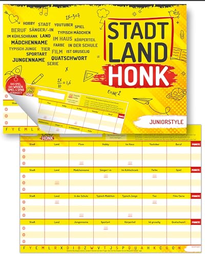 Stadt Land Honk - Junior Edition - Stadt Land Fluss Kinder Gesellschaftsspiel | 50 Blatt für extra langes Spielerlebnis DIN A4 | Familien Spiel für Jung und Alt Stadt Land Honk - Junior Edition - Stadt Land Fluss Kinder Gesellschaftsspiel | 50 Blatt für extra langes Spielerlebnis DIN A4 | Familien Spiel für Jung und Alt von Stadt Land Honk