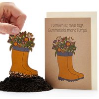 Saatpapier-Grußkarte "Gärtnern ist mein Yoga", mit Saatstecker und Umschlag Saatpapier-Grußkarte "Gärtnern ist mein Yoga", mit Saatstecker und Umschlag von Stadtgärtner