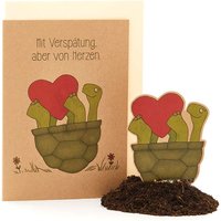 Saatpapier-Grußkarte "Mit Verspätung aber von Herzen", mit Saatstecker und Umschlag Saatpapier-Grußkarte "Mit Verspätung aber von Herzen", mit Saatstecker und Umschlag von Stadtgärtner