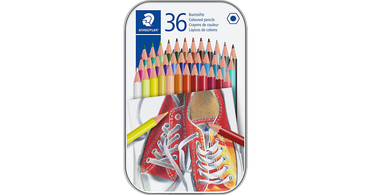 Sechskant-Buntstifte, 36 Farben in Metalletui mehrfarbig Modell 1 von Staedtler