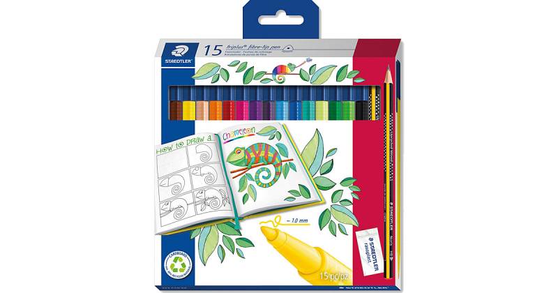 Dreikant-Filzstifte triplus color, 15 Farben, inkl. Bleistift & Radierer von Staedtler