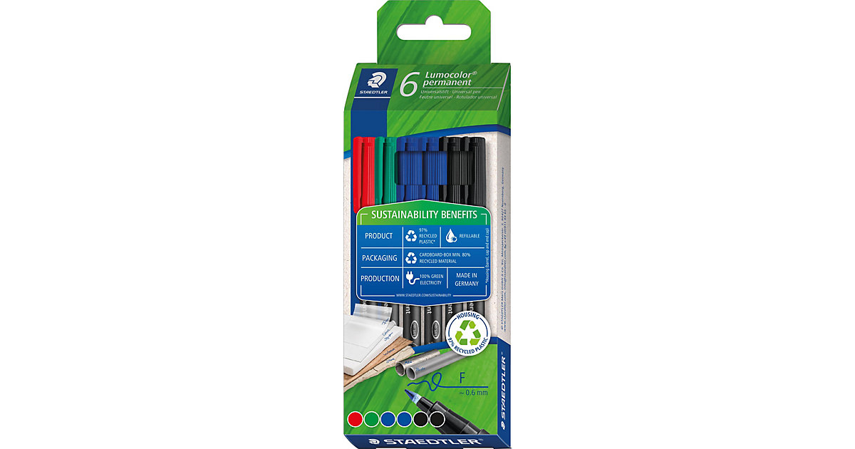Lumocolor® Universalstifte permanent, F 0,6 mm, 6 Stifte in 4 Farben von Staedtler