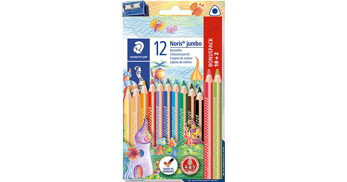 Dreikant-Jumbo-Buntstifte Noris®, 10 & 2 Farben, inkl. Spitzer mehrfarbig Dreikant-Jumbo-Buntstifte Noris®, 10 & 2 Farben, inkl. Spitzer mehrfarbig von Staedtler