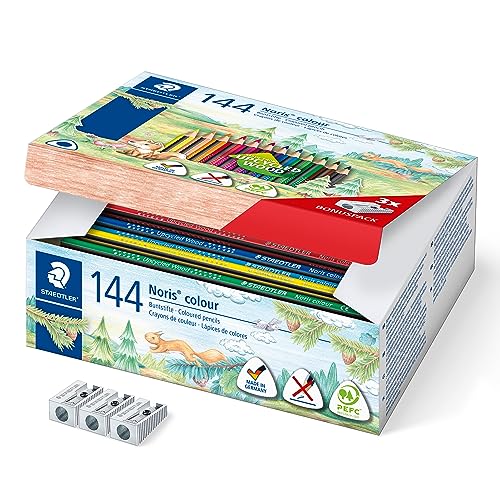 STAEDTLER Buntstifte Noris colour, ergonomisches Dreikantformat, rutschfeste Soft-Oberfläche, hohe Bruchfestigkeit, WOPEX Material, 144 Farbstifte in 12 Farben und 3 Spitzer, 187 C144 von STAEDTLER