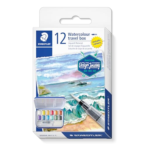 STAEDTLER Design Journey 888 Aquarellfarbe, Hochpigmentierte Aquarellfarben in brillanten Farben, Aquarellfarbkasten Design Journey, 12 Farben Sortiert, 888M M12-C von Staedtler