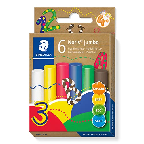 STAEDTLER Plastilin Knete Noris jumbo, geschmeidig und formstabil, ideal für Schule und Kindergarten, 6 Knetstangen à 16g in sortierten Farben im Kartonetui, 842 C6 STAEDTLER Plastilin Knete Noris jumbo, geschmeidig und formstabil, ideal für Schule und Kindergarten, 6 Knetstangen à 16g in sortierten Farben im Kartonetui, 842 C6 von Staedtler