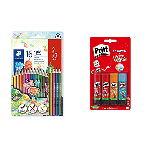 STAEDTLER 187 C12P1 Noris Colour Buntstift Set + Klebestift, sicherer und kinderfreundlicher Kleber 9H PTFCS von STAEDTLER