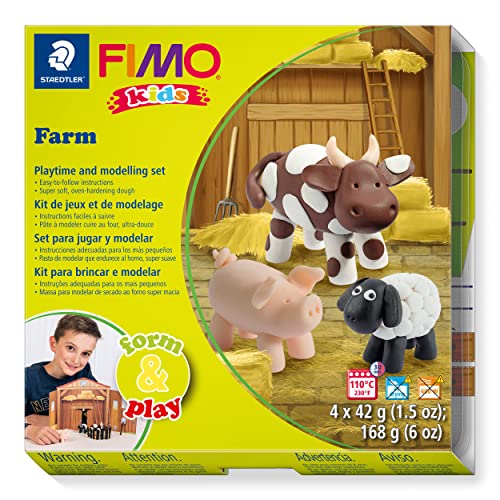 Staedtler 8034 01 LY Fimo kids form&play Set Farm (superweiche, ofenhärtende Knete, kinderleichte Anleitung, wiederverschließbare Box, Set mit 4 Fimo Blöcken, 1 Modellierstab und 1 Spielkulisse) von Staedtler