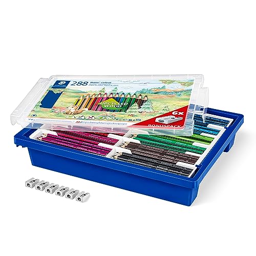 STAEDTLER Buntstift Noris colour, erhöhte Bruchfestigkeit, Dreikantform, ergonomische Soft-Oberfläche, WOPEX Material, Set mit 288 Stiften in 12 Farben und 6 Anspitzern, Klassensatz, 187 G288 von STAEDTLER