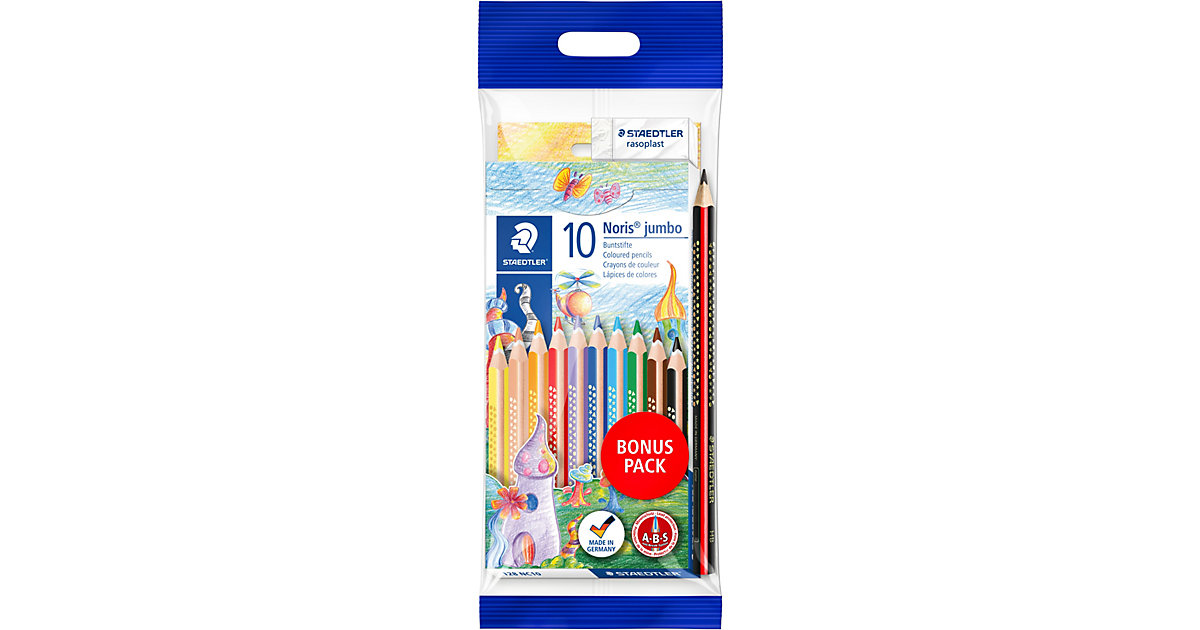 Dreikant-Jumbo-Buntstifte Noris® , 10 Farben, inkl. Bleistift & Radierer von Staedtler