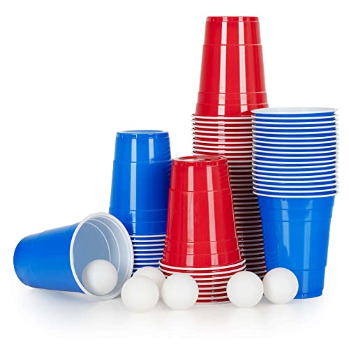 Stagecaptain Beer Pong Becher und Bälle Set - 90 Ersatz-Cups für Bier Pong-Spiel - Je 45 Becher in den Farben Rot und Blau - 6 Spielbälle in Weiß von Stagecaptain