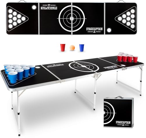 Stagecaptain Beer Pong Tisch “Basic” - Stabiler Klapptisch aus Alu - Melamin-beschichtete MDF-Platte (5 mm) - Inklusive 90 Becher und 6 Bälle - Schnell aufgebaut und kompakt beim Transport von Stagecaptain