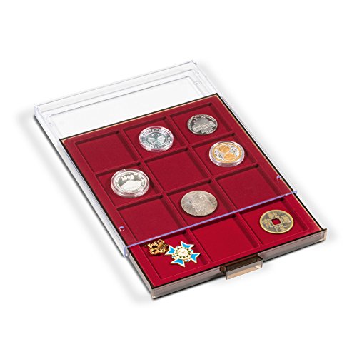 Star Collect Münzbox - 12 eckige Münz-Fächer - samtartige rote Einlage – 64 x 64 mm Felder für Broschen/Orden von Star Collect