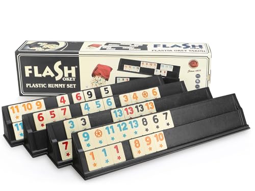 Semus Flash Black Okey/Rummy – PVC Steinleger, Melamin Spielsteine Mattiert, Mit 4 Steinaufstellern, Würfel & Stoffbeutel von Star Oyun Aletleri