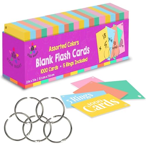 Star Right Blank Flash Cards: 2"x3" Assorted Coloured Index Cards with Metal Binder Rings, Essential Revision Supplies, Study Cards, Creating Custom Flashcards, and More - Set of 1000 Star Right Blank Flash Cards: 2"x3" Assorted Coloured Index Cards with Metal Binder Rings, Essential Revision Supplies, Study Cards, Creating Custom Flashcards, and More - Set of 1000 von Star Right