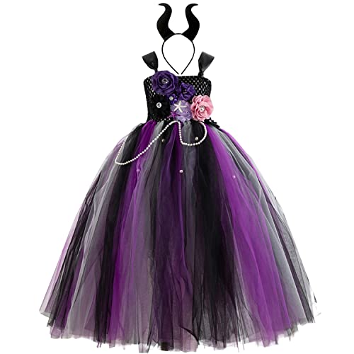 StarTreene Halloween Maleficent Kostüm kinder Mädchen Königin Verkleiden Tüllkleid Festkleid mit Horn Halloween Karneval Party Cosplay von StarTreene