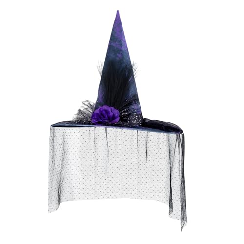 Starsouce Barock Gothic Hexenhut mit Glitzer Gaze & Lila Blumen - Mesh Zauberer Hut für Frauen Halloween Party Kostüm Kopfbedeckung von Starsouce