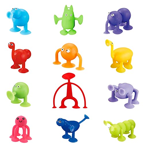 Steemjoey 12 Stück Saugnapf Spielzeug, Badespielzeug Weiche Silikonbausteine Saugspielzeug mit Tierform für Stressabbau Eltern-Kind Interaktives Spiel von Steemjoey