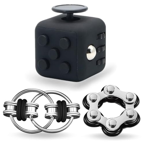 Steemjoey 3 Stück Fidget Toys Set, Anti-Stress Würfel Spielzeug, Six Roller Chain & Key Flippy Chain, Anti Stress Spielzeug für Erwachsene und Kinder (Schwarz) von Steemjoey