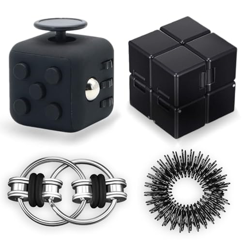 Steemjoey 4 Stück Fidget Toys Set, Anti-Stress Würfel Spielzeug, Infinity Cube, Key Flippy Chain, Finger Massageringe, Anti Stress Spielzeug Geburtstagsgeschenke für Erwachsene Kinder (Schwarz) von Steemjoey