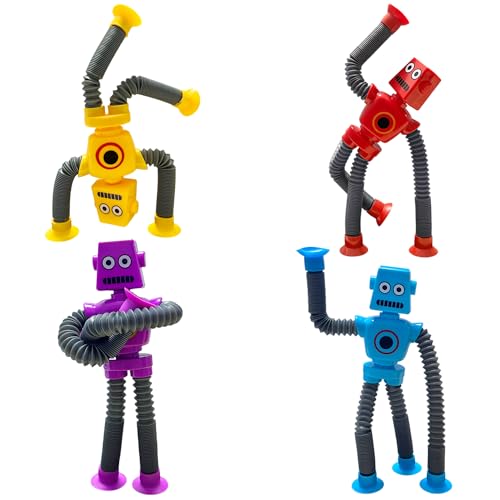 Steemjoey 4 Stück Teleskop-Saugnapf Roboter, Sensorisches Pop Röhren Sensorik Spielzeug, Pädagogisches Stress-Abbau Gastgeschenke für Erwachsene und Kinder von Steemjoey