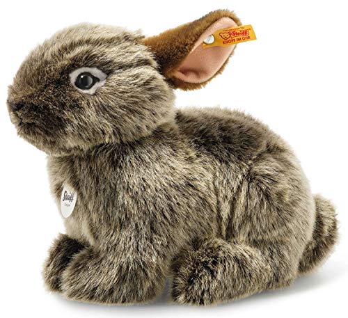 Steiff 024368 - Original Steiff Plüschtier Vula Vulkan Kaninchen, National Geographic Kuscheltier ca. 23 cm, Steiff Markenplüsch mit "Knopf im Ohr", Schmusefreund für Babys von Geburt an, graubraun von Steiff