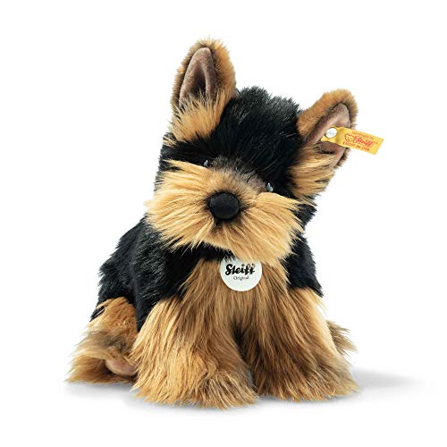 Steiff 076923 - Original Plüschtier Hund Herkules Yorkshire Terrier, Kuscheltier ca. 24 cm, Markenplüsch Knopf im Ohr“, Schmusefreund für Babys von Geburt an, braun/schwarz von Steiff